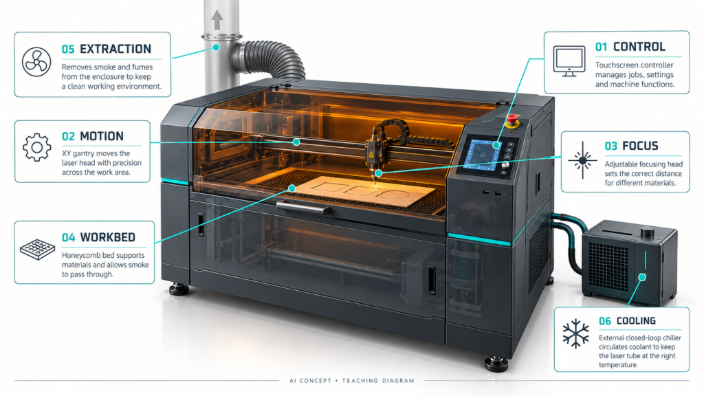 AI teaching diagram: control, motion, focus, workbed, extraction and cooling in a concept CO2 laser system