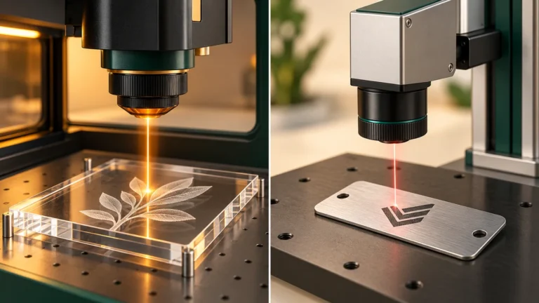 AI teaching concept: CO2 acrylic engraving and fiber metal marking comparison