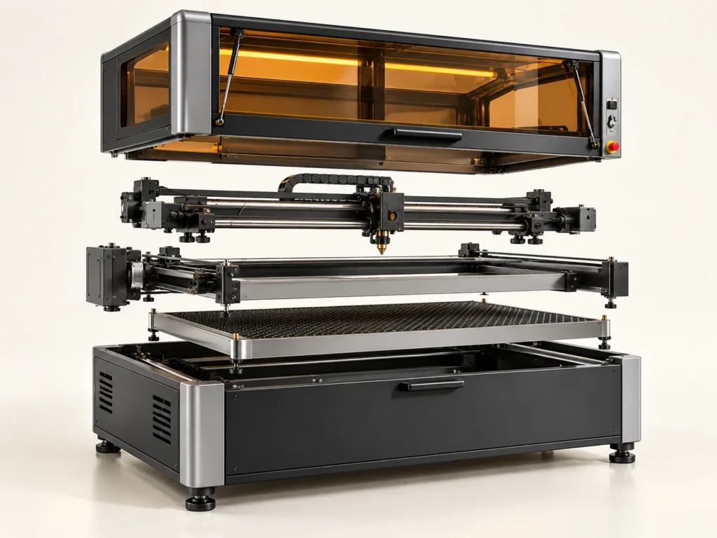 AI teaching concept: enclosure, motion gantry, optics and bed in an exploded CO2 concept