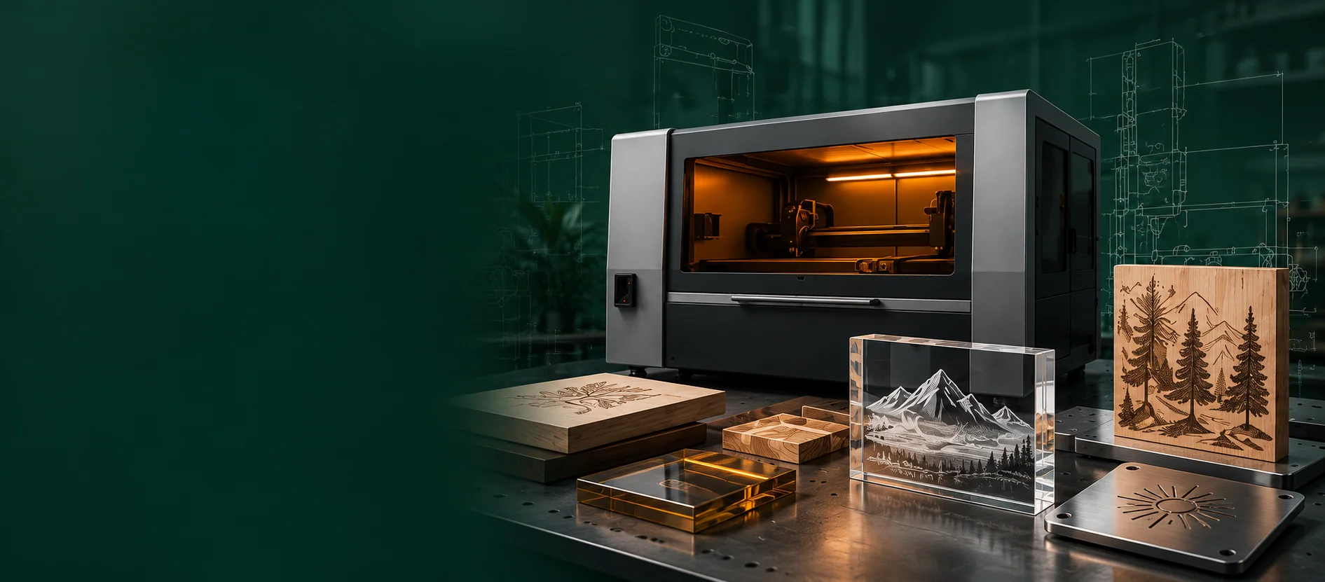 AI teaching concept: enclosed CO2 equipment with acrylic, wood and metal samples
