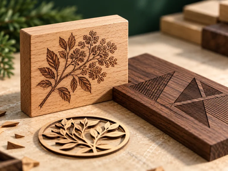 AI teaching concept: engraved wood and cut wood samples